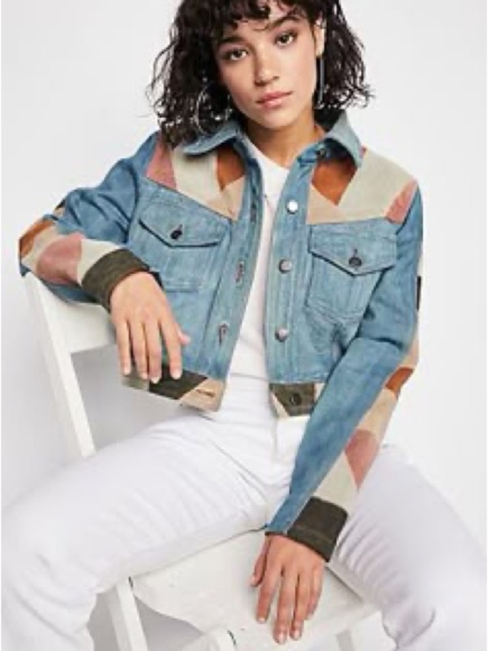 Free People Dallas Suede Denim Jacket in Blue, Tan & Olive